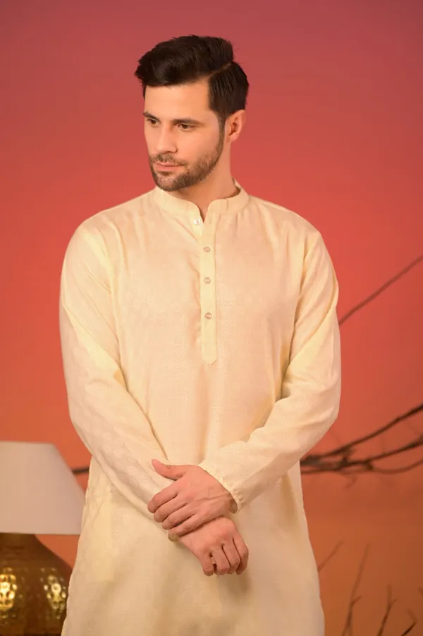 Cream_Jacquard_Kurta_With_Intricate_Self-Woven_Motifs_For_Men