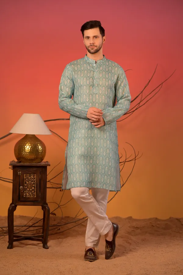 Aqua_Blue_Linen_Lurex_Kurta_With_Silver_Zari_Motifs_&_Trousers_Set_For_Unisex