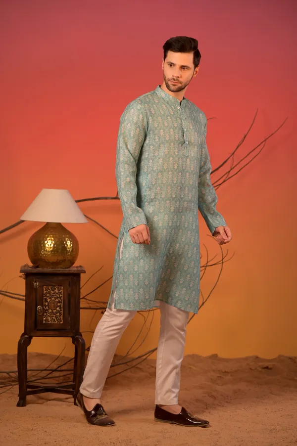 Aqua_Blue_Linen_Lurex_Kurta_With_Silver_Zari_Motifs_&_Trousers_Set_For_Unisex