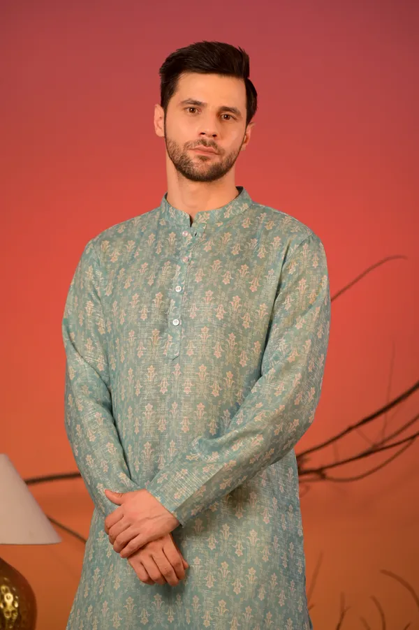 Aqua_Blue_Linen_Lurex_Kurta_With_Silver_Zari_Motifs_&_Trousers_Set_For_Unisex
