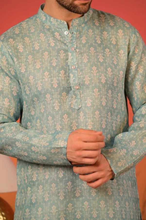 Aqua_Blue_Linen_Lurex_Kurta_With_Silver_Zari_Motifs_&_Trousers_Set_For_Unisex