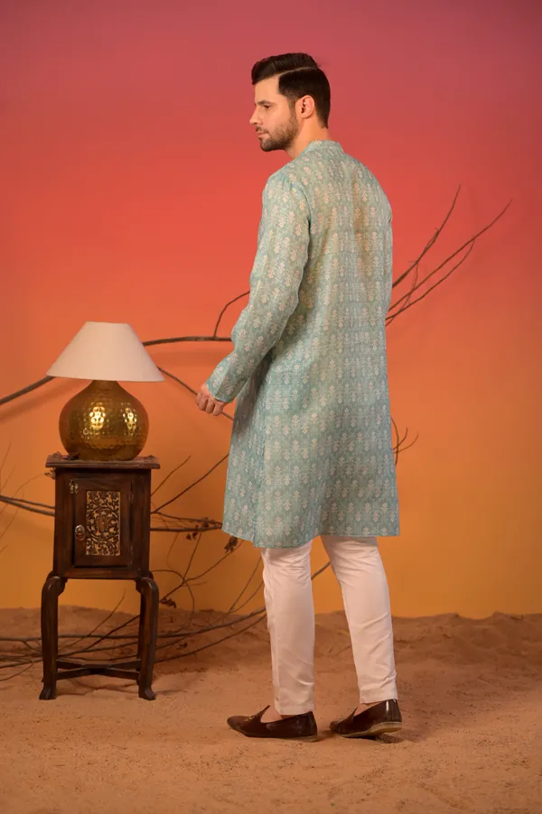 Aqua_Blue_Linen_Lurex_Kurta_With_Silver_Zari_Motifs_&_Trousers_Set_For_Unisex