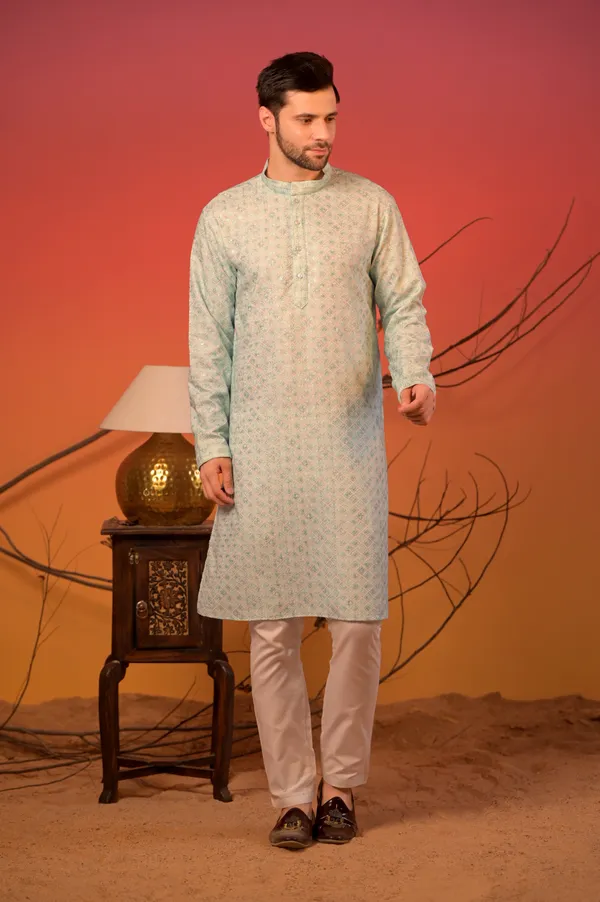 Mint_Green_Jacquard_Kurta_With_Lucknow_Thread_work_And_Sequin_Accents_&_Trousers_Set_For_Men