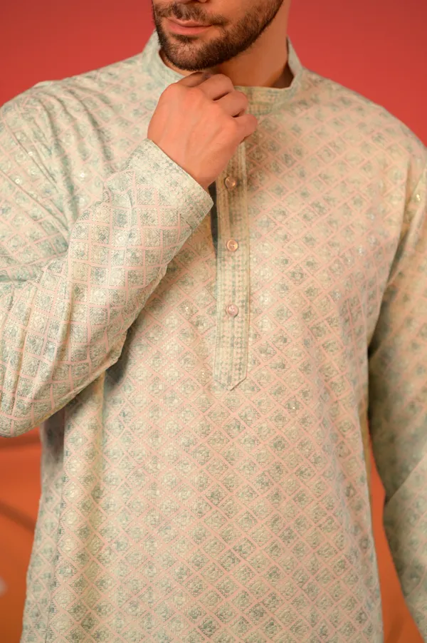 Mint_Green_Jacquard_Kurta_With_Lucknow_Thread_work_And_Sequin_Accents_&_Trousers_Set_For_Men