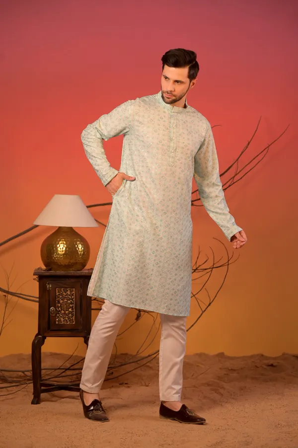 Mint_Green_Jacquard_Kurta_With_Lucknow_Thread_work_And_Sequin_Accents_&_Trousers_Set_For_Men