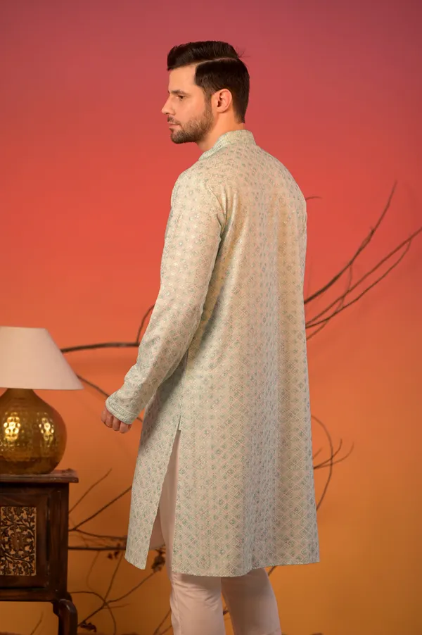 Mint_Green_Jacquard_Kurta_With_Lucknow_Thread_work_And_Sequin_Accents_&_Trousers_Set_For_Men