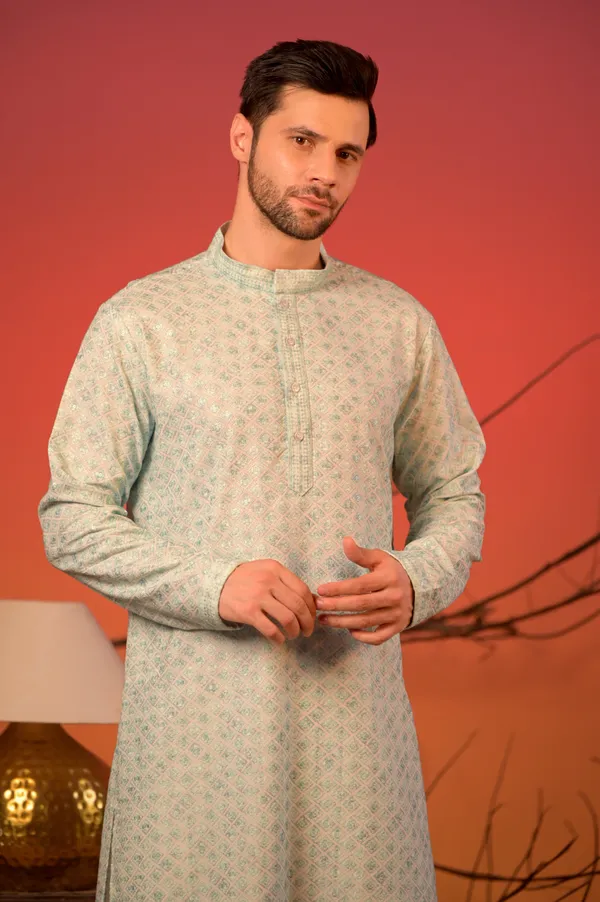 Mint_Green_Jacquard_Kurta_With_Lucknow_Thread_work_And_Sequin_Accents_&_Trousers_Set_For_Men