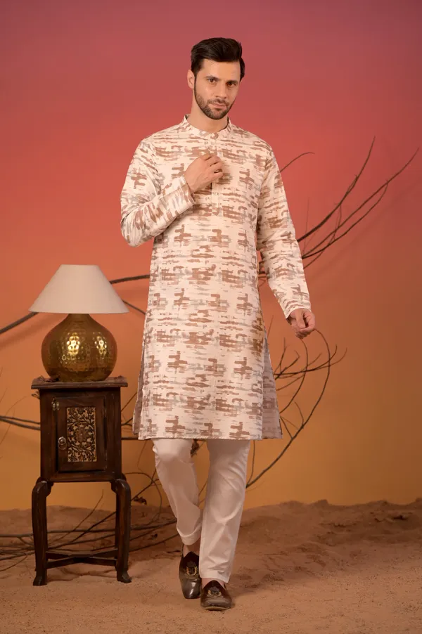 White_Giza_Cotton_Kurta_With_Abstract_Brushstroke_Print_&_Trousers_Set_For_Men