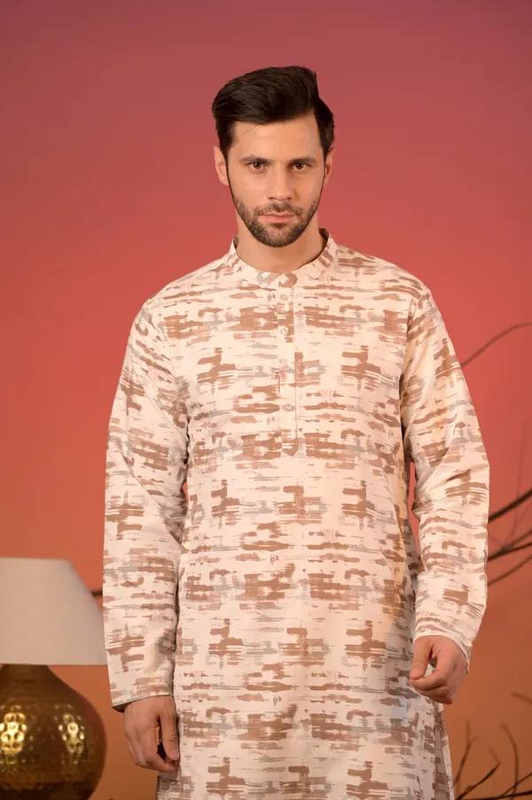 White_Giza_Cotton_Kurta_With_Abstract_Brushstroke_Print_&_Trousers_Set_For_Men