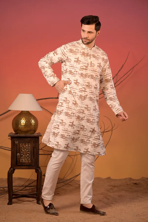 White_Giza_Cotton_Kurta_With_Abstract_Brushstroke_Print_&_Trousers_Set_For_Men