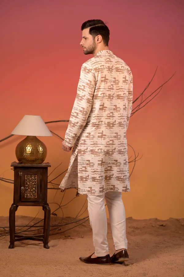 White_Giza_Cotton_Kurta_With_Abstract_Brushstroke_Print_&_Trousers_Set_For_Men