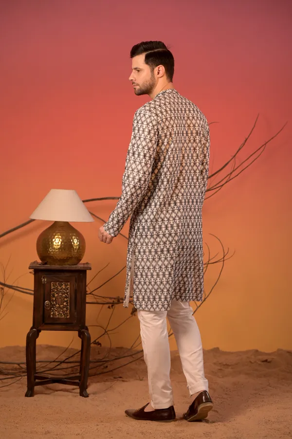 White_Cotton_Jacquard_Kurta_With_Dark_Blue_Pattern_&_Trousers_Set_For_Men