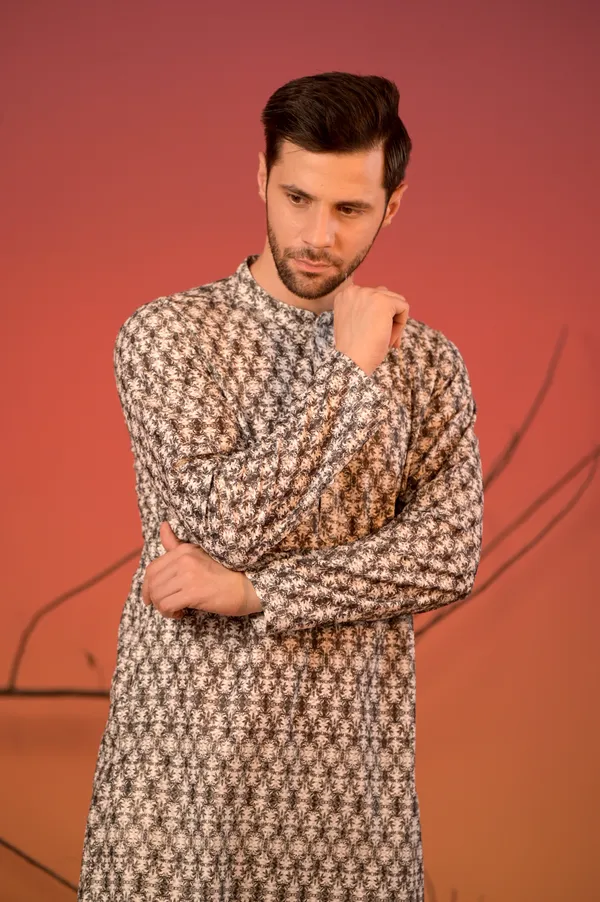 White_Cotton_Jacquard_Kurta_With_Dark_Blue_Pattern_&_Trousers_Set_For_Men
