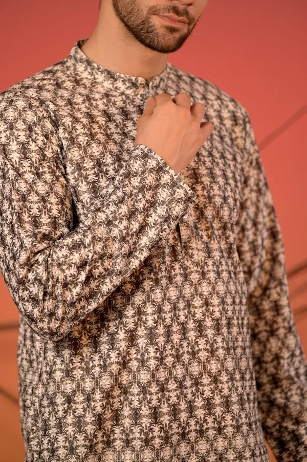 White_Cotton_Jacquard_Kurta_With_Dark_Blue_Pattern_&_Trousers_Set_For_Men
