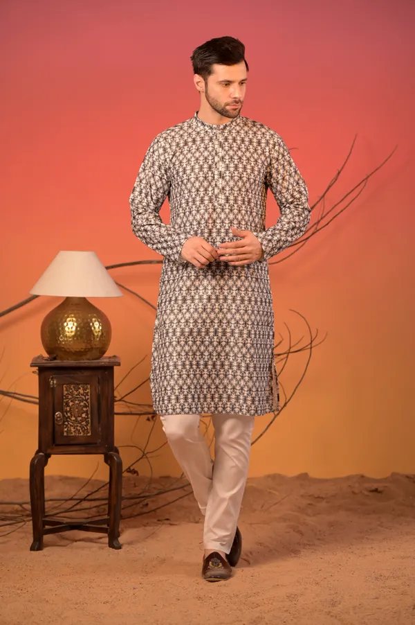 White_Cotton_Jacquard_Kurta_With_Dark_Blue_Pattern_&_Trousers_Set_For_Men