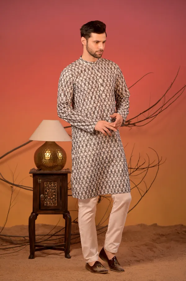 White_Cotton_Jacquard_Kurta_With_Dark_Blue_Pattern_&_Trousers_Set_For_Men