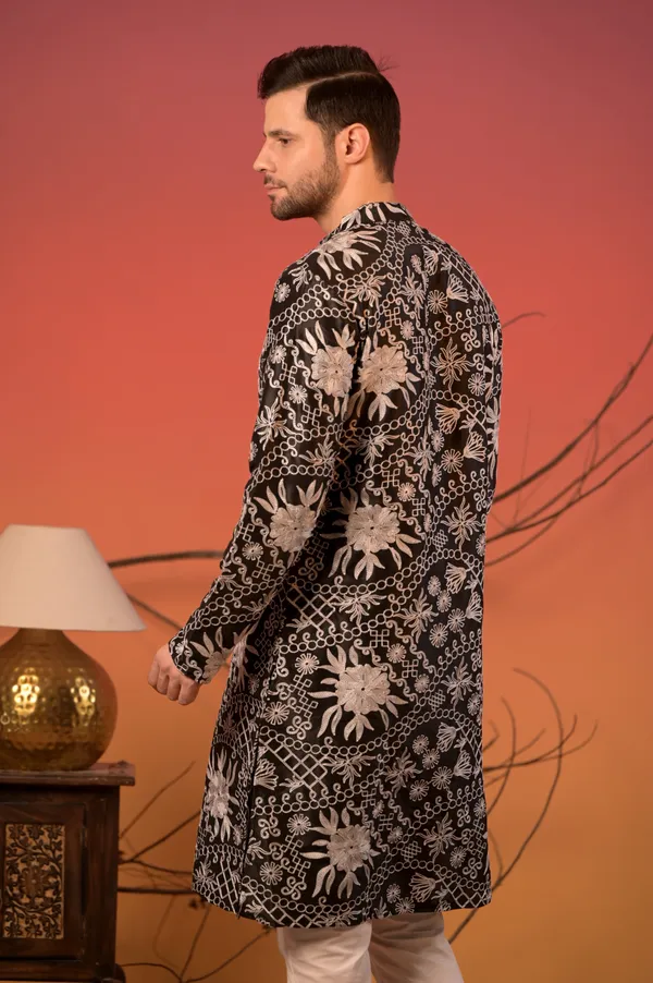 Black_Silk_Kurta_With_White_Thread_Embroidery_&_Trousers_Set_For_Men