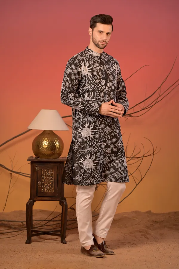 Black_Silk_Kurta_With_White_Thread_Embroidery_&_Trousers_Set_For_Men