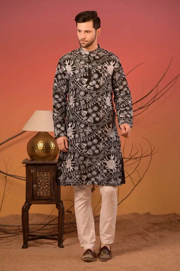 Black_Silk_Kurta_With_White_Thread_Embroidery_&_Trousers_Set_For_Men