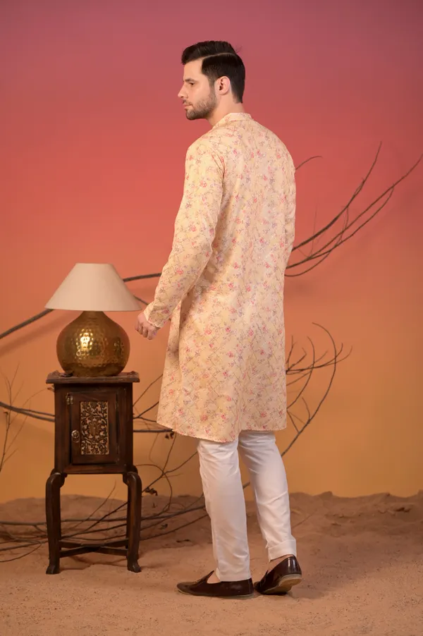 Yellow_Katha_Cotton_Kurta_With_Zari_Accents_And_Floral_Print_&_Trousers_Set_For_Men