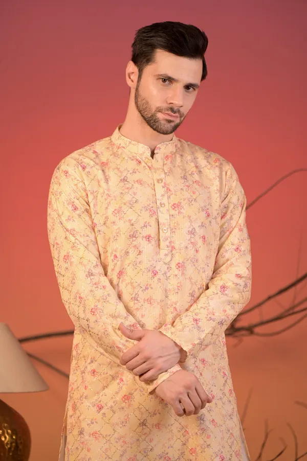 Yellow_Katha_Cotton_Kurta_With_Zari_Accents_And_Floral_Print_&_Trousers_Set_For_Men