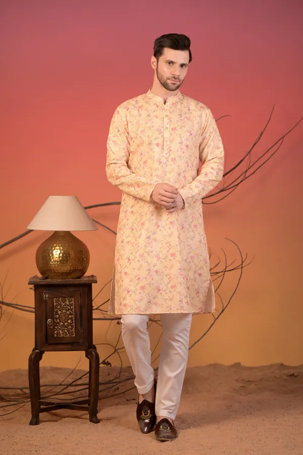Yellow_Katha_Cotton_Kurta_With_Zari_Accents_And_Floral_Print_&_Trousers_Set_For_Men