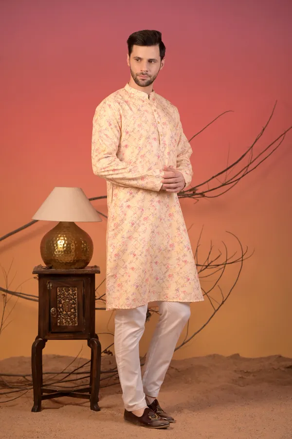 Yellow_Katha_Cotton_Kurta_With_Zari_Accents_And_Floral_Print_&_Trousers_Set_For_Men