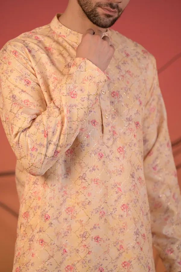 Yellow_Katha_Cotton_Kurta_With_Zari_Accents_And_Floral_Print_&_Trousers_Set_For_Men