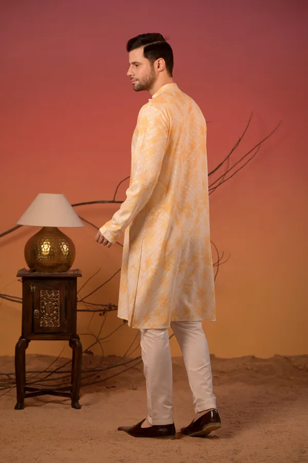 White_Cotton_Kurta_With_Lucknow_Thread_work_And_Yellow_Overlay_Print_&_Trousers_Set_For_Men