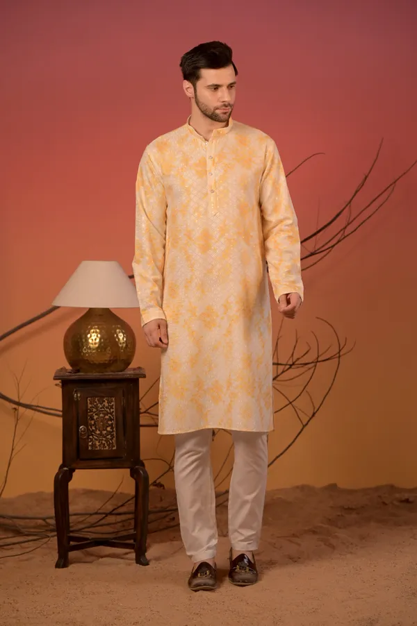 White_Cotton_Kurta_With_Lucknow_Thread_work_And_Yellow_Overlay_Print_&_Trousers_Set_For_Men
