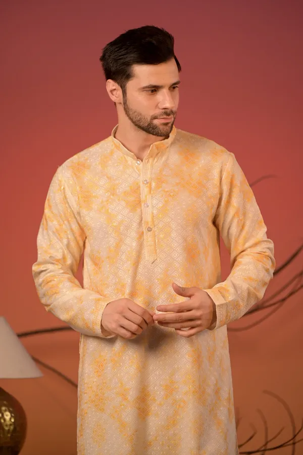 White_Cotton_Kurta_With_Lucknow_Thread_work_And_Yellow_Overlay_Print_&_Trousers_Set_For_Men