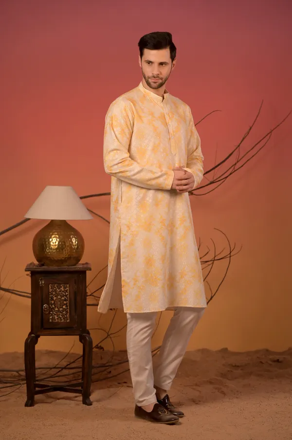 White_Cotton_Kurta_With_Lucknow_Thread_work_And_Yellow_Overlay_Print_&_Trousers_Set_For_Men