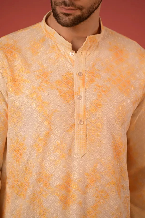 White_Cotton_Kurta_With_Lucknow_Thread_work_And_Yellow_Overlay_Print_&_Trousers_Set_For_Men