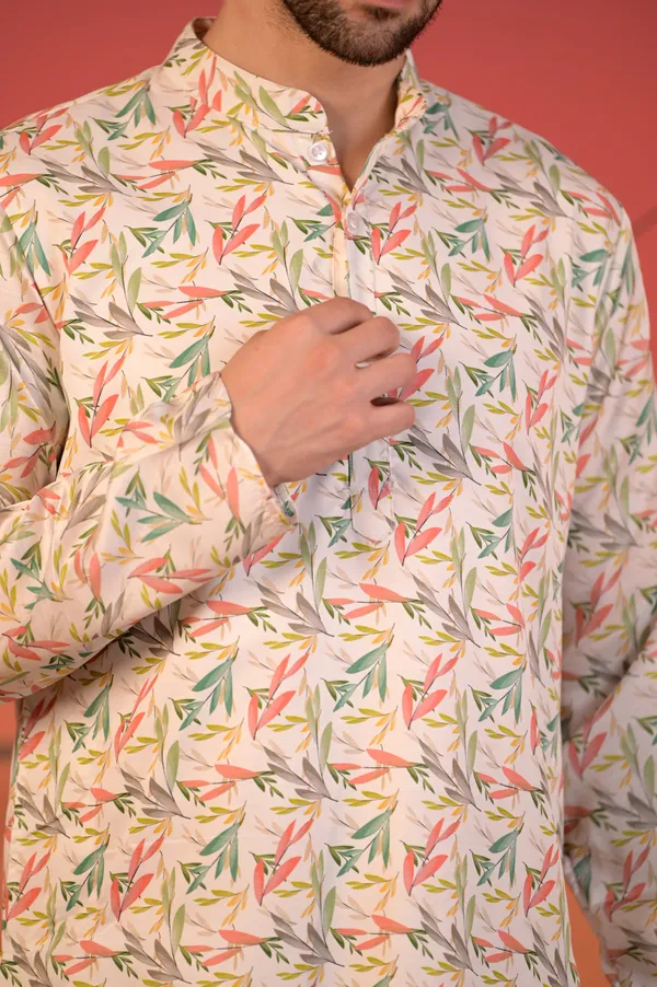 White_Cotton_Silk_Kurta_With_Multicolour_Leaf_Print_&_Trousers_Set_For_Men
