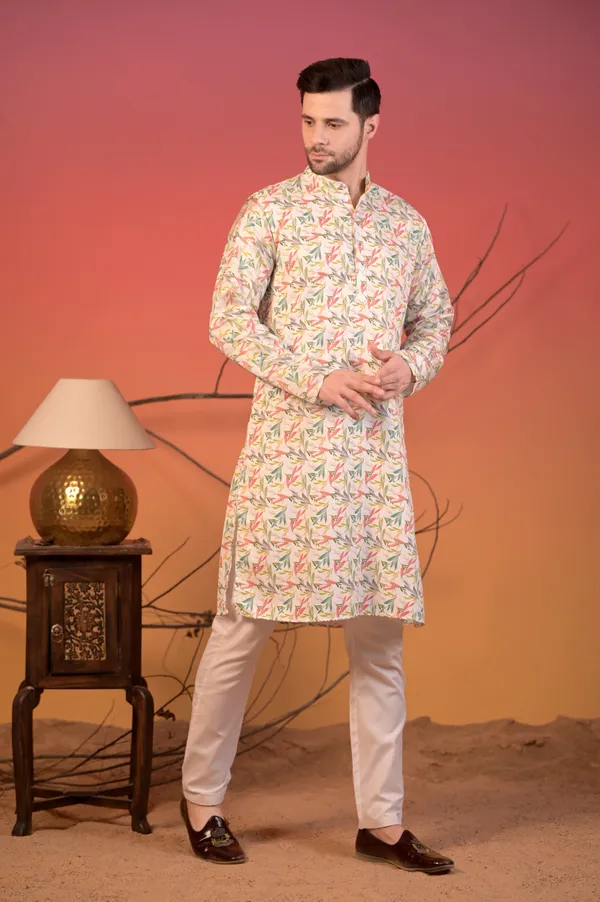 White_Cotton_Silk_Kurta_With_Multicolour_Leaf_Print_&_Trousers_Set_For_Men