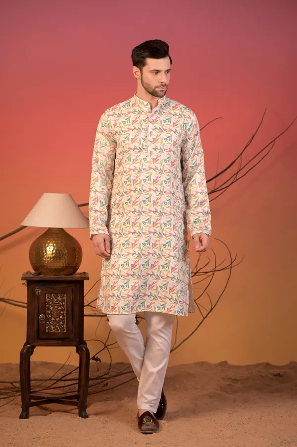 White_Cotton_Silk_Kurta_With_Multicolour_Leaf_Print_&_Trousers_Set_For_Men