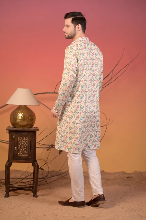 White_Cotton_Silk_Kurta_With_Multicolour_Leaf_Print_&_Trousers_Set_For_Men