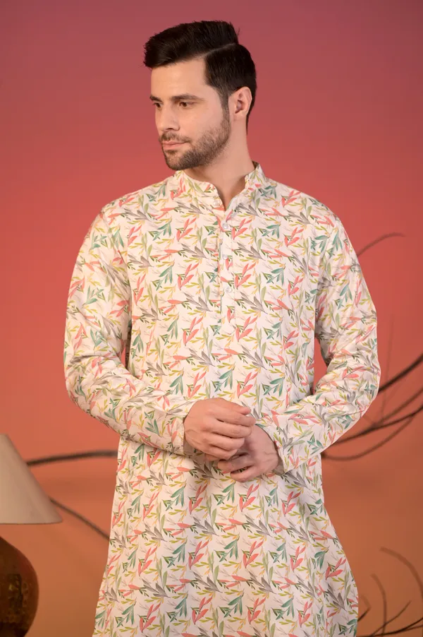 White_Cotton_Silk_Kurta_With_Multicolour_Leaf_Print_&_Trousers_Set_For_Men