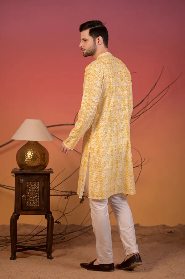 Yellow_Cotton_Jacquard_Kurta_With_Geometric_Weave_&_Trousers_Set_For_Men