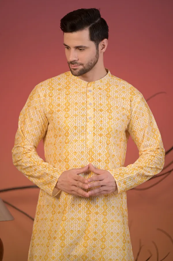 Yellow_Cotton_Jacquard_Kurta_With_Geometric_Weave_&_Trousers_Set_For_Men