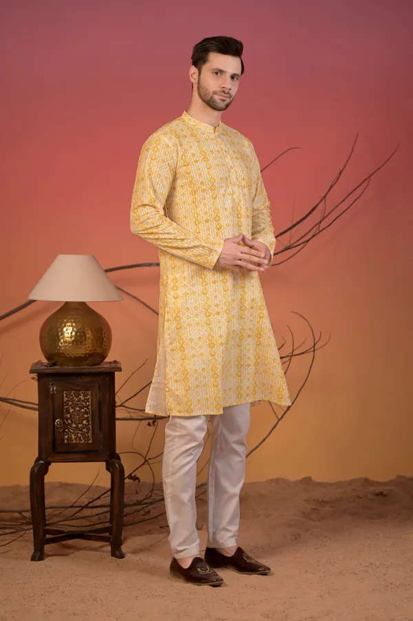 Yellow_Cotton_Jacquard_Kurta_With_Geometric_Weave_&_Trousers_Set_For_Men