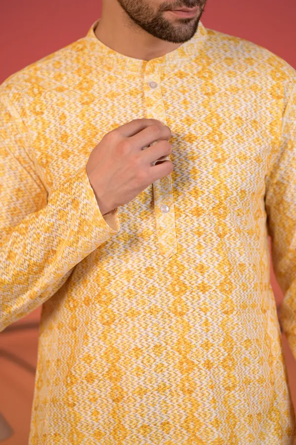 Yellow_Cotton_Jacquard_Kurta_With_Geometric_Weave_&_Trousers_Set_For_Men