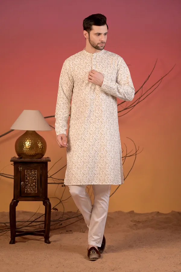 White_Cotton_Kurta_With_Chikan_Work_&_Light_Green_Vine_Embroidery_&_Trousers_Set_For_Men