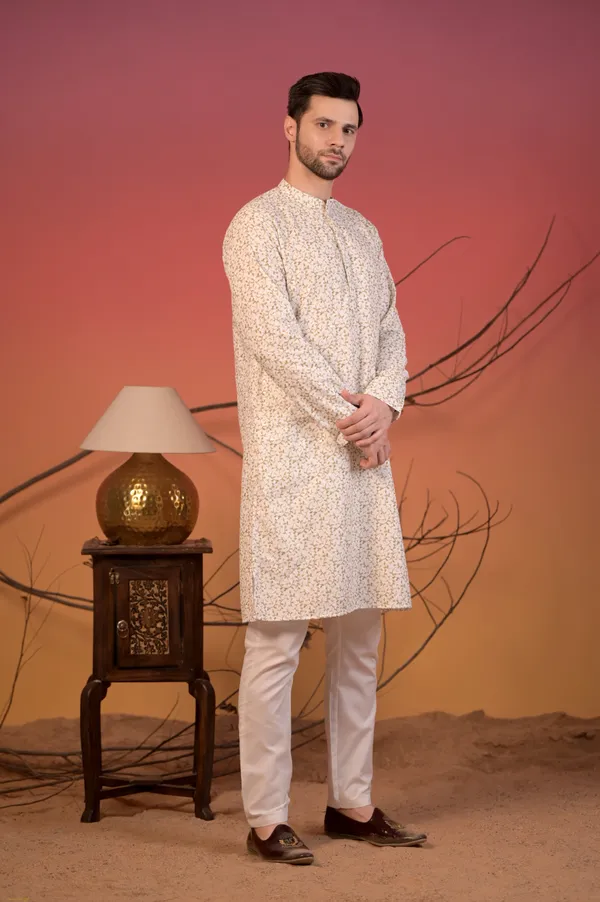 White_Cotton_Kurta_With_Chikan_Work_&_Light_Green_Vine_Embroidery_&_Trousers_Set_For_Men