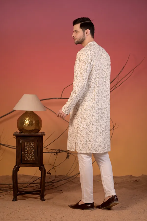 White_Cotton_Kurta_With_Chikan_Work_&_Light_Green_Vine_Embroidery_&_Trousers_Set_For_Men