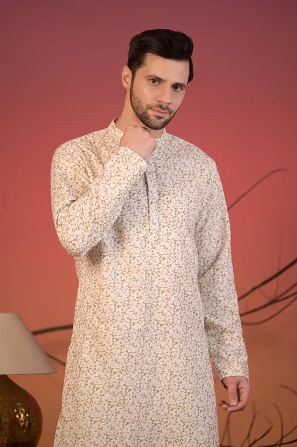 White_Cotton_Kurta_With_Chikan_Work_&_Light_Green_Vine_Embroidery_&_Trousers_Set_For_Men