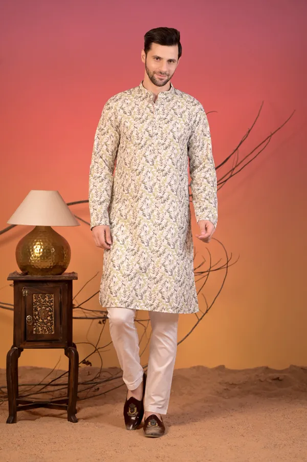 Ivory_Cotton_Kurta_With_All-Over_Chikan_Embroidery_In_Leaf_Motif_&_Trousers_Set_For_Men