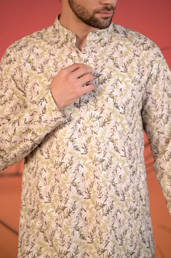 Ivory_Cotton_Kurta_With_All-Over_Chikan_Embroidery_In_Leaf_Motif_&_Trousers_Set_For_Men