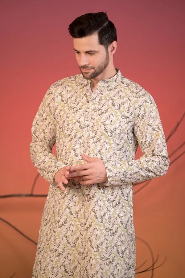 Ivory_Cotton_Kurta_With_All-Over_Chikan_Embroidery_In_Leaf_Motif_&_Trousers_Set_For_Men