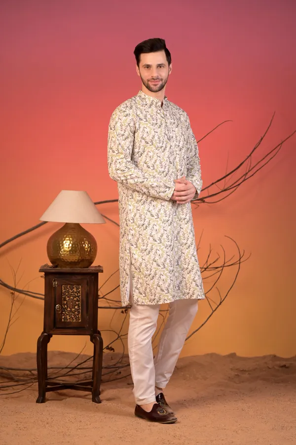 Ivory_Cotton_Kurta_With_All-Over_Chikan_Embroidery_In_Leaf_Motif_&_Trousers_Set_For_Men